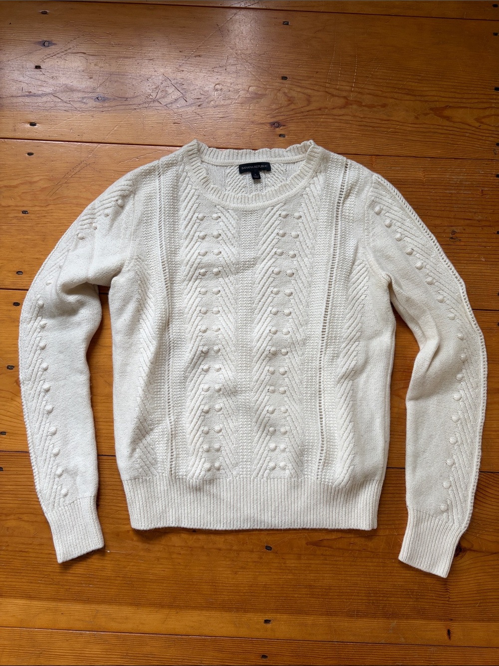 Banana Republic Ivory Cable Knit Pom-Pom Crewneck Sweater